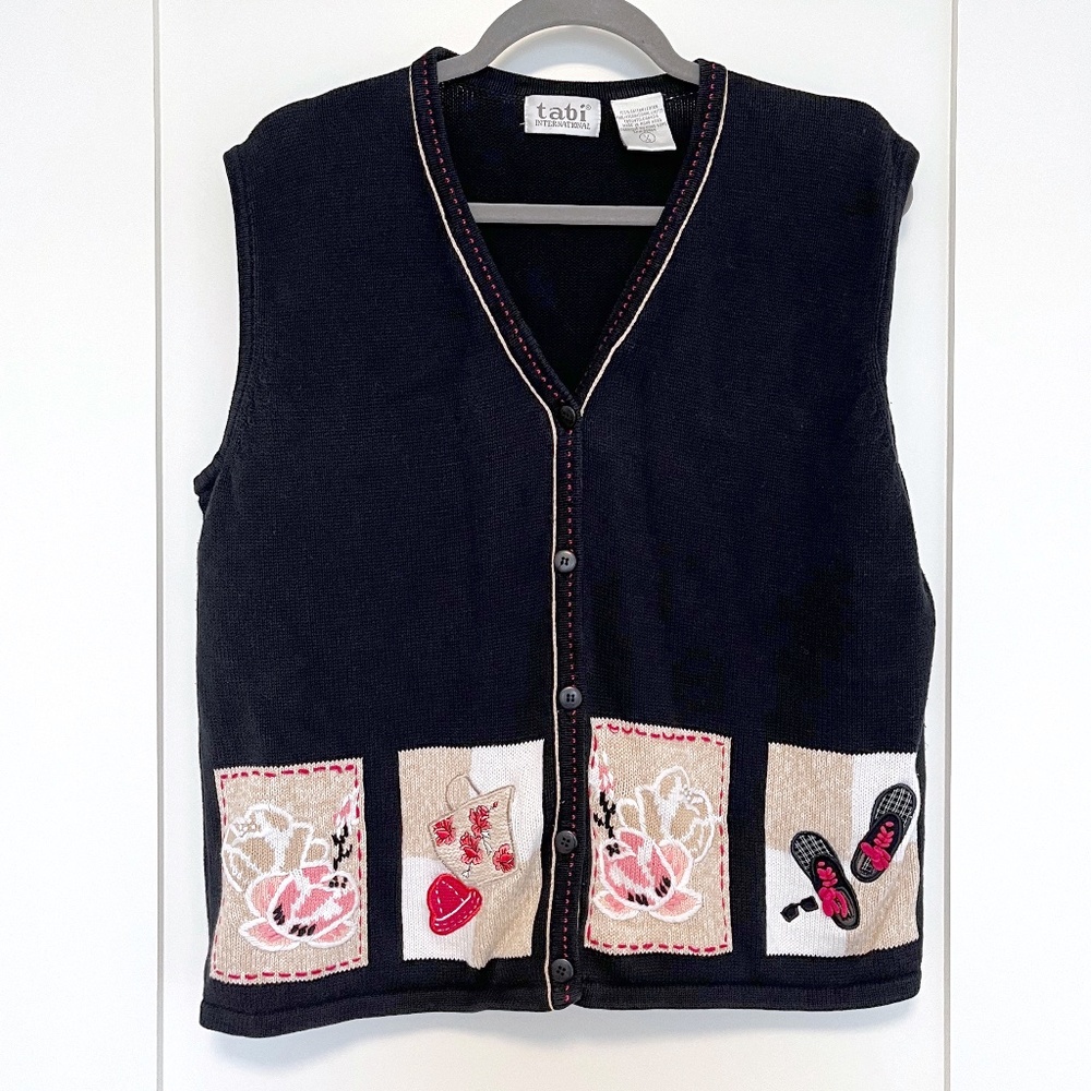 Tabi Black Cotton Cardigan Vest with Playful Embroidered Graphics